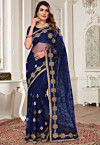 Embroidered Net Saree in Navy Blue