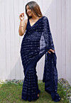 Embroidered Net Saree in Navy Blue
