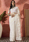 Embroidered Net Saree in Off White