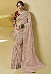 Embroidered Net Saree in Old Rose