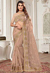Embroidered Net Saree in Peach