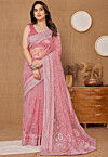 Embroidered Net Saree in Pink