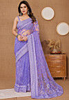 Embroidered Net Saree in Purple