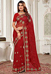 Embroidered Net Saree in Red