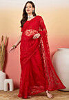 Embroidered Net Saree in Red