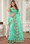 Embroidered Net Saree in Sea Green