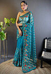 Embroidered Net Saree in Teal Blue