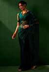 Embroidered Net Saree in Teal Green