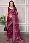 Embroidered Net Saree in Wine