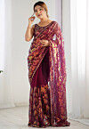 Embroidered Net Saree in Wine