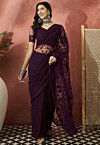 Embroidered Net Saree in Wine