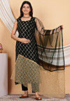 Embroidered Net Scalloped Dupatta in Black and Beige
