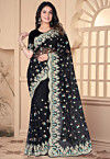 Embroidered Net Scalloped Saree in Black