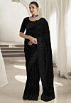 Embroidered Net Scalloped Saree in Black