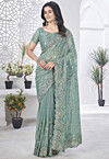 Embroidered Net Scalloped Saree in Dusty Green