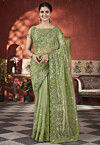 Embroidered Net Scalloped Saree in Green