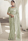Embroidered Net Scalloped Saree in Light Green