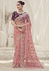 Embroidered Net Scalloped Saree in Light Purple