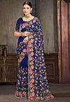Embroidered Net Scalloped Saree in Navy Blue