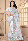 Embroidered Net Scalloped Saree in Off White