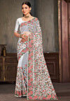 Embroidered Net Scalloped Saree in Off White