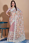 Embroidered Net Scalloped Saree in Old Rose