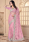 Embroidered Net Scalloped Saree in Pink