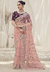 Embroidered Net Scalloped Saree in Pink