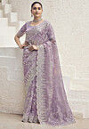 Embroidered Net Scalloped Saree in Purple