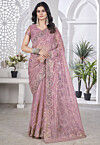 Embroidered Net Scalloped Saree in Purple