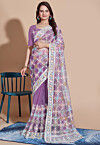 Embroidered Net Scalloped Saree in Purple