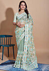 Embroidered Net Scalloped Saree in Sea Green