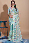 Embroidered Net Scalloped Saree in Sky Blue