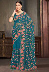 Embroidered Net Scalloped Saree in Teal Blue