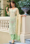 Embroidered Organza Pakistani Suit in Cream and Green