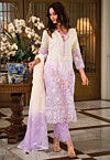 Embroidered Organza Pakistani Suit in Cream and Light Purple