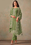 Embroidered Organza Pakistani Suit in Dusty Green