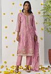 Embroidered Organza Pakistani Suit in Pink