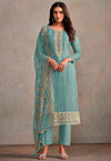 Embroidered Organza Pakistani Suit in Sky Blue
