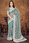 Embroidered Organza Saree in Dusty Green