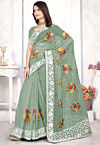 Embroidered Organza Saree in Dusty Green