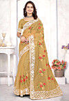 Embroidered Organza Saree in Light Brown