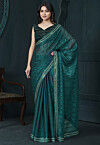 Embroidered Organza Saree in Teal Green