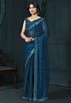 Embroidered Organza Saree in Teal Blue