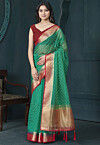 Embroidered Organza Saree in Teal Green