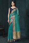 Embroidered Organza Saree in Teal Green