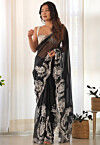 Embroidered Organza Scalloped Saree in Black