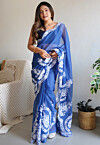 Embroidered Organza Scalloped Saree in Blue
