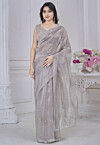 Embroidered Organza Scalloped Saree in Grey