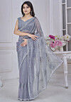 Embroidered Organza Scalloped Saree in Grey